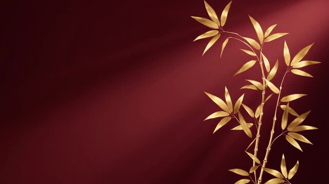 UHD Luxury Golden Bamboo Leaves Silhouette Swaying on Red Background Loop for 2026
