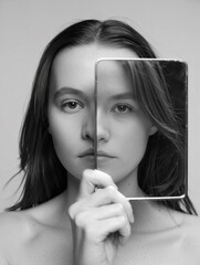 Black and white portrait of a young woman holding a mirror, creating a split image of her face, exploring themes of identity, perception, and inner self.