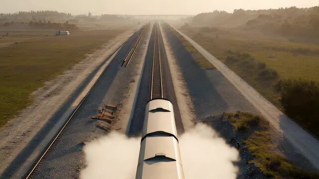 High speed white bullet train races along misty railway tracks at golden sunrise countryside