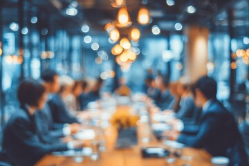 Blurred office meeting scene with business people collaborating in boardroom for teamwork and brainstorming