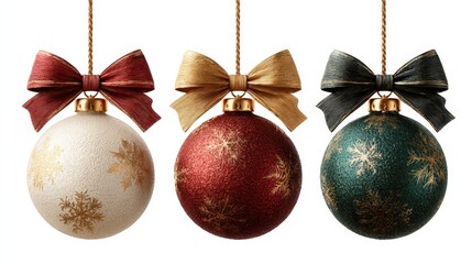 Hanging Christmas balls with ribbon in various colors isolated on white background perfect for seasonal decoration