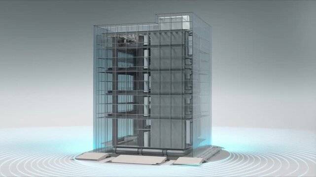 Ultra-realistic 3D cinematic cutaway modern earthquake-resistant building, transparent walls revealing flexible steel frameworks, base isolation pads during seismic waves, shock absorbers absorbing 4k
