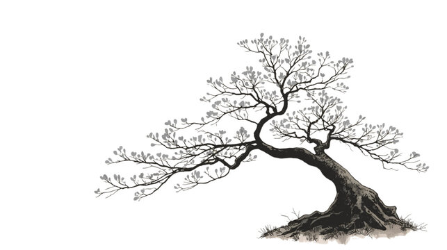Stylized Japanese Bonsai Tree Illustration with Delicate Light Leaves on a Transparant Background