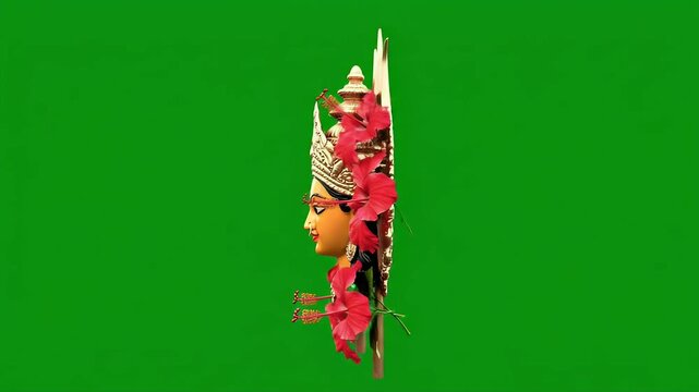 Chaitra Navratri green screen isolated Goddess Durga face with Trident and Red Hibiscus flowers