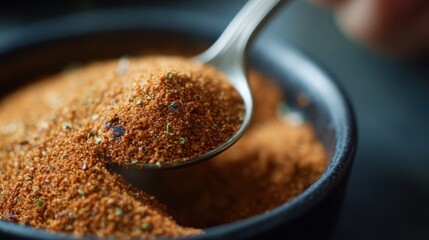 Close medium shot of spicy supplement granules in a small dish the hand dipping a spoon gently out of focus enhancing the depth of flavor contrast.