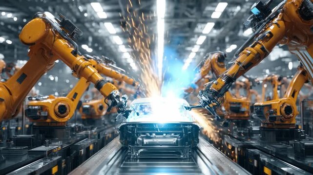 Robotic Precision: A vibrant tableau of robotic arms in a modern factory setting. These automated marvels work in perfect harmony.