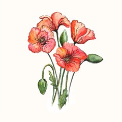 Bouquet. Watercolor colorful flower clip art - red poppies with unblown buds. Wedding invitation, fashion, background, textile.