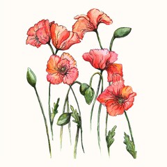 Isolated flower illustration. Watercolor colorful flower clip art - red poppies with unblown buds. Wedding invitation, fashion, background, textile.