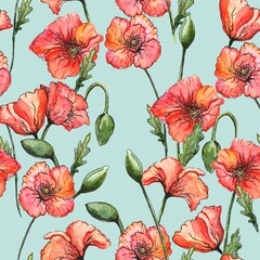 Seamless pattern. Watercolor colorful wild poppy flower on a blue background. Wedding invitation, fashion, background, textile. Transparent pattern.