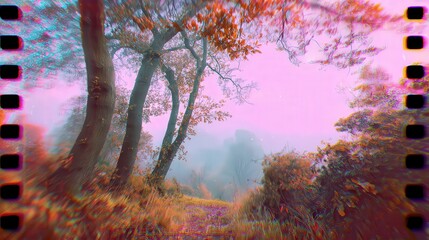 Fototapeta premium A dreamy landscape with fog, vibrant foliage, and trees, creating an ethereal atmosphere under a pinkish hue.