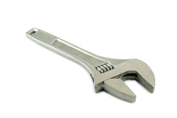 Adjustable wrench isolated on white background. Metal spanner tool for repair and maintenance.