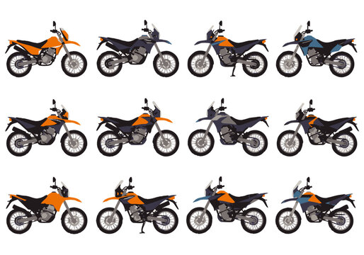 Adventure Dual Sport Motorcycle Vector Illustration Set with Various Color Options, Isolated on White Background for Design Projects.
