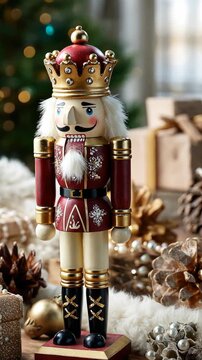 Display of nutcracker figure with gifts and decorations in background suitable for holiday festivities