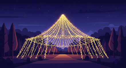 Fototapeta premium A large conical structure of yellow string lights illuminates a