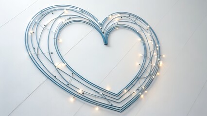 Abstract heart shape made of glowing fairy lights on a blue wall background, love and celebration concept, AI generated