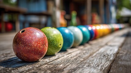 Colorful balls lined up on wooden surface