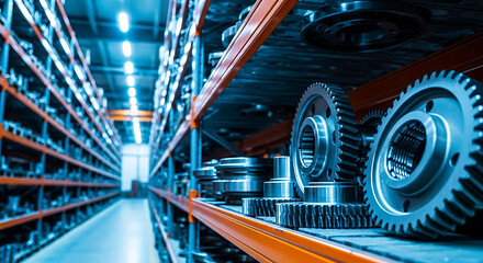 Precision metal gears and mechanical components meticulously arranged on shelves in a vast industrial warehouse, reflecting efficient manufacturing inventory and engineering production