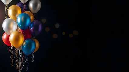 A vibrant cluster of metallic and colorful balloons with ribbons, set against a dark background with subtle bokeh lights, perfect for celebrations and festive occasions.