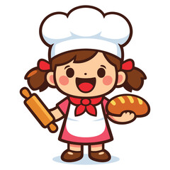 Cute Little Baker Girl Cartoon Illustration with Bread and Rolling Pin