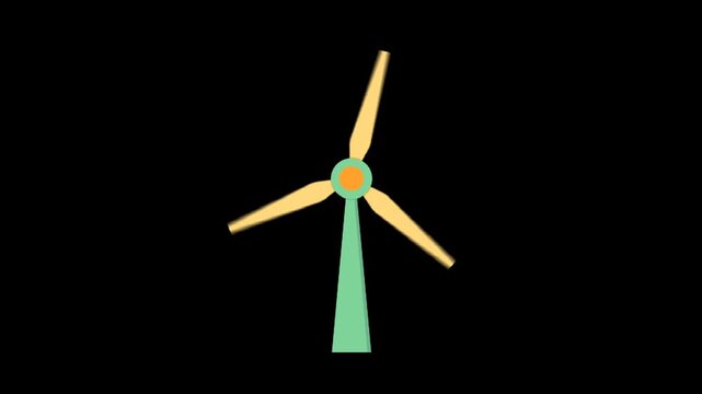 Minimal wind turbine rotates on black background, clean flat animation symbolizing renewable energy and sustainability
