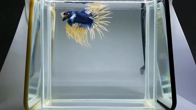 Betta fish male fancy blue yellow crown tails from Thailand, Siamese fighting fish on isolated grey background.