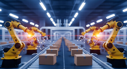 Automated Robotic Arms in a Modern Factory Conveyor Belt System with Cardboard Boxes