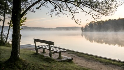 Peaceful lake landscape at sunrise with a wooden bench on the shore and morning mist, nature background, AI generated