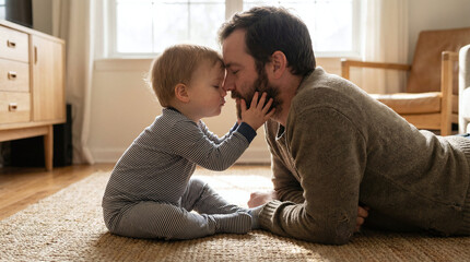 Loving father and baby touching faces during quiet playtime. Emotional bonding moment showing trust, affection, and everyday parenting love