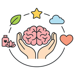 Mental Health Care Illustration with Brain Hands and Wellness 