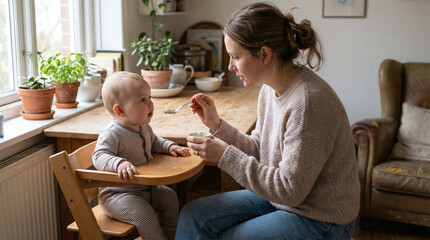 Young mother feeding her baby at home. Authentic parenting routine showing care, nutrition, and emotional connection during early childhood.
