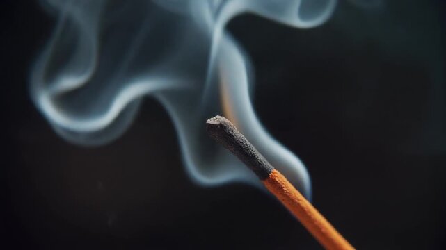 Extreme Macro of Burning Incense Stick with Smoke and Embers