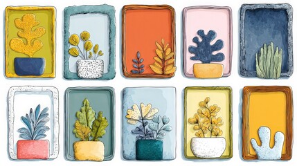 Doodle-style picture frames set with modern abstract designs featuring creative backgrounds and decorative borders in flat vector illustrations