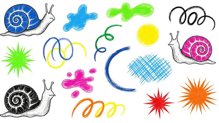 Colorful cartoon snails and shapes. © triyanto