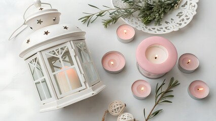 Spa and relaxation still life with aromatic pink candles, white lantern and green leaves, AI generated