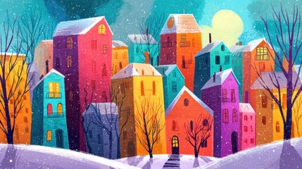 Colorful buildings in a charming winter town scene