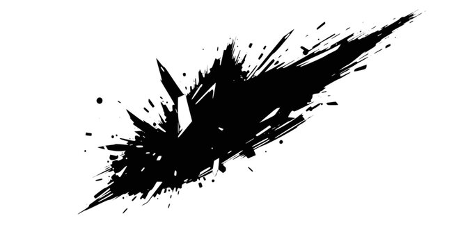 A black and white abstract graphic design depicting a dynamic explosion or ink splash with sharp, jagged lines and radiating splatters.