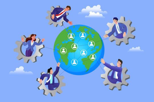 Global business team working together in gears around earth globe with connection network lines. Flat vector illustration for international cooperation, outsourcing partnership and worldwide synergy.