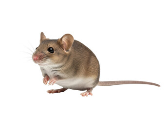 A common house mouse, Mus musculus, with soft brown-grey fur and twitching whiskers, stands alert on a transparent seamless isolated background, concept of scientific study