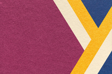 Abstract purple textured paper background with beige, yellow, blue geometric lines, copy space for banner presentation