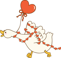 Valentine Silly Goose with Heart Balloon and Garland Cartoon Hand Drawn