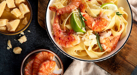 Delicious pasta with red shrimps, italian pasta, mediterranean recipe.