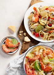 Delicious pastas with red shrimps and mussels, italian pastas, mediterranean recipe.