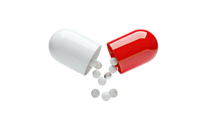 Open Red and White Capsule with Spherical Pills