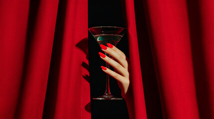 赤いカーテンとカクテルグラスを持つ女性