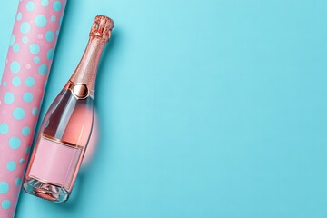 Charming champagne gift set wrapped in pink polka dot paper against a soft blue pastel background