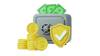 Safe with money, coins, and shield icon