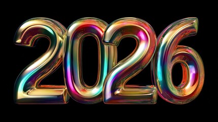 A vibrant, reflective rendering of the year "2026" in glossy, multicolored numbers against a black background.
