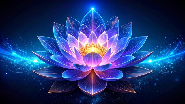 Illuminated purple lotus flower with glowing center surrounded by ethereal blue light trails and sparkling particles on dark backdrop
