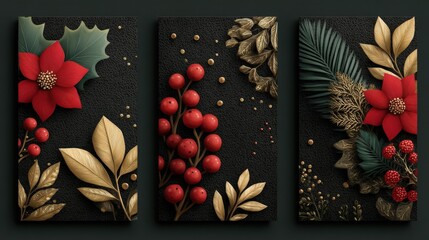 Holiday card collection featuring festive designs with flowers, leaves, and berries for Christmas and New Year celebrations suitable for various occasions