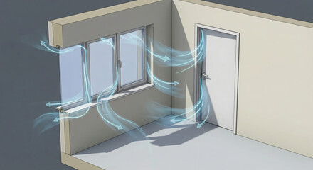 Visualization of cold air drafts entering a room through window and door seals. Home energy inefficiency and poor insulation concept with blue airflow lines.